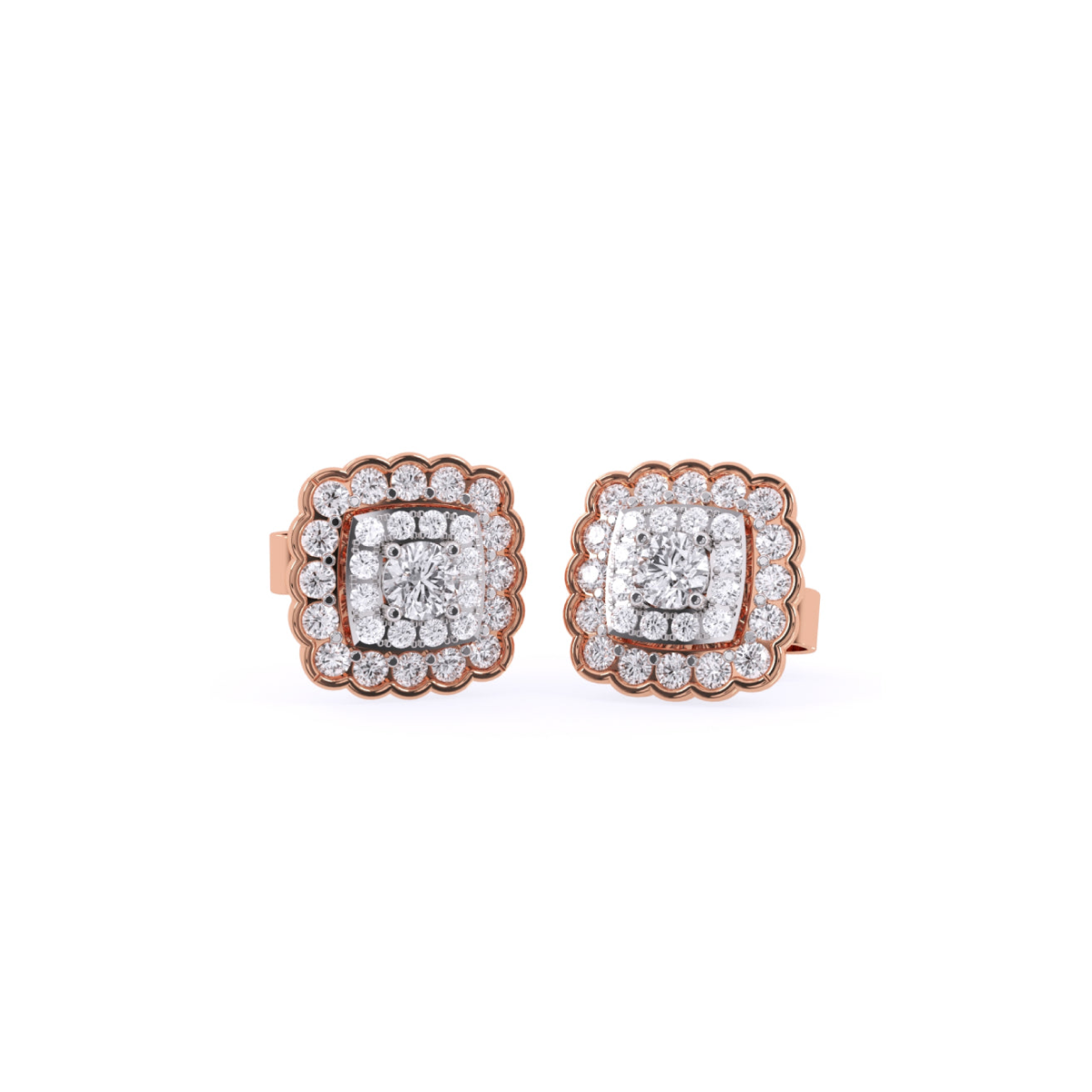 Square Round Diamond Double Halo Earrings